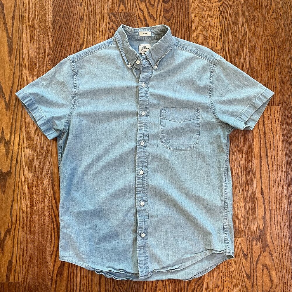 J. Crew Chambray Short Sleeve Button Down Shirt - Slim Fit Mens Medium